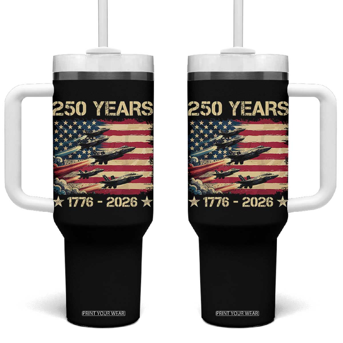 USA 250 Years 1776 2026 Patriotic Jets Trail American Flag Tumbler With Handle TS11 One Size: 40 oz Black Print Your Wear