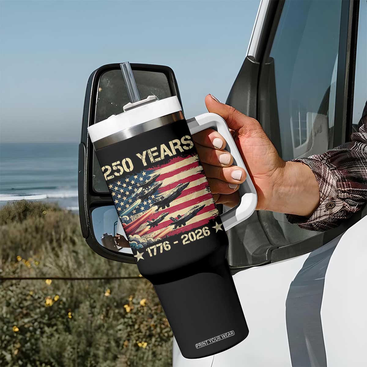 USA 250 Years 1776 2026 Patriotic Jets Trail American Flag Tumbler With Handle TS11 Print Your Wear