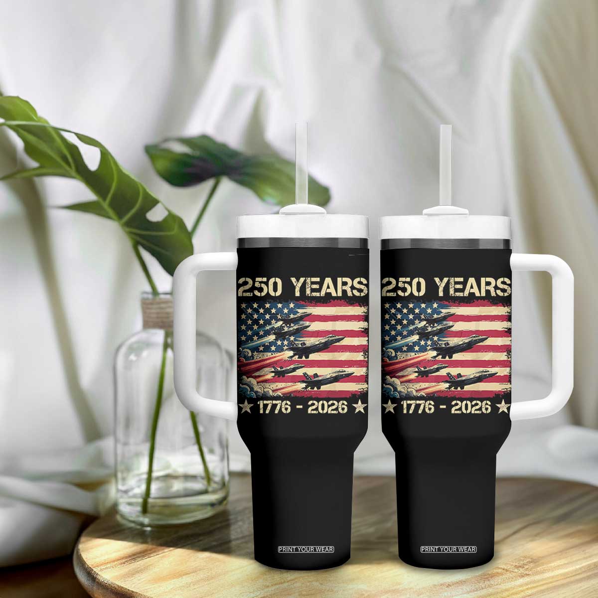 USA 250 Years 1776 2026 Patriotic Jets Trail American Flag Tumbler With Handle TS11 Print Your Wear