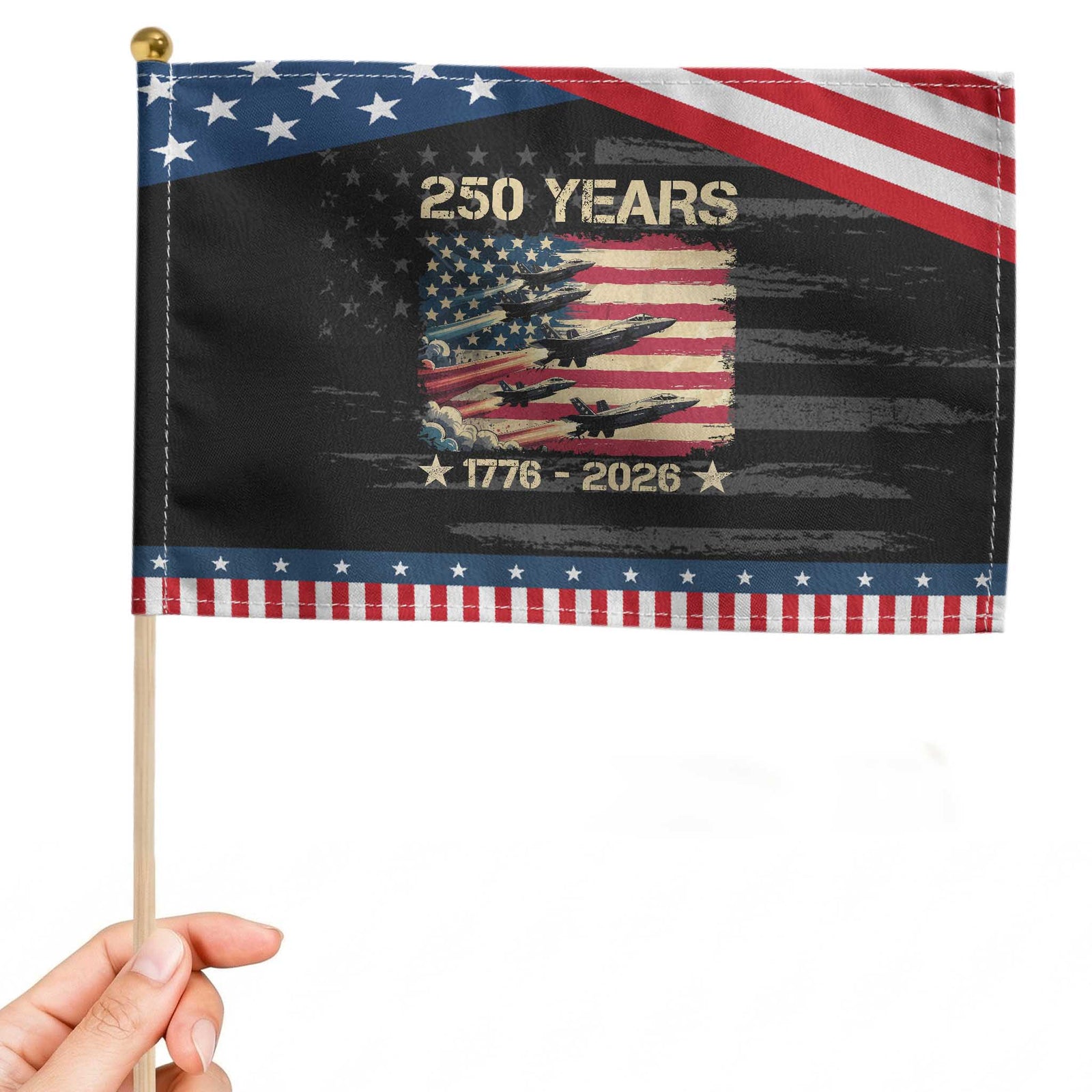USA 250 Years 1776 2026 Jets Trail American Flag Patriotic Handheld Flag TS11 Distressed 8.2