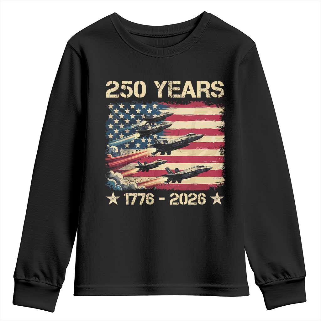USA 250 Years 1776 2026 Patriotic Jets Trail American Flag Youth Sweatshirt TS11 Black Print Your Wear