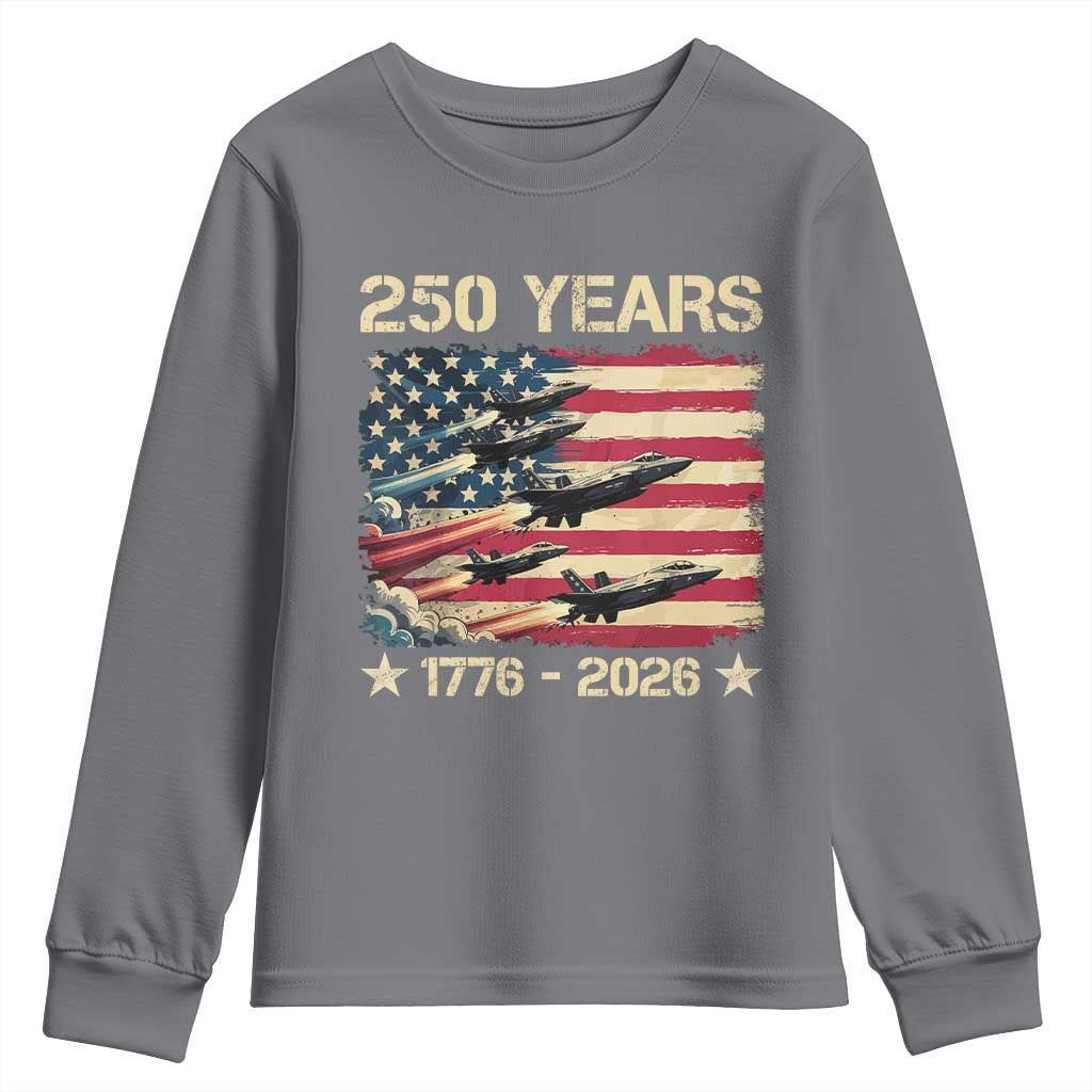 USA 250 Years 1776 2026 Patriotic Jets Trail American Flag Youth Sweatshirt TS11 Charcoal Print Your Wear