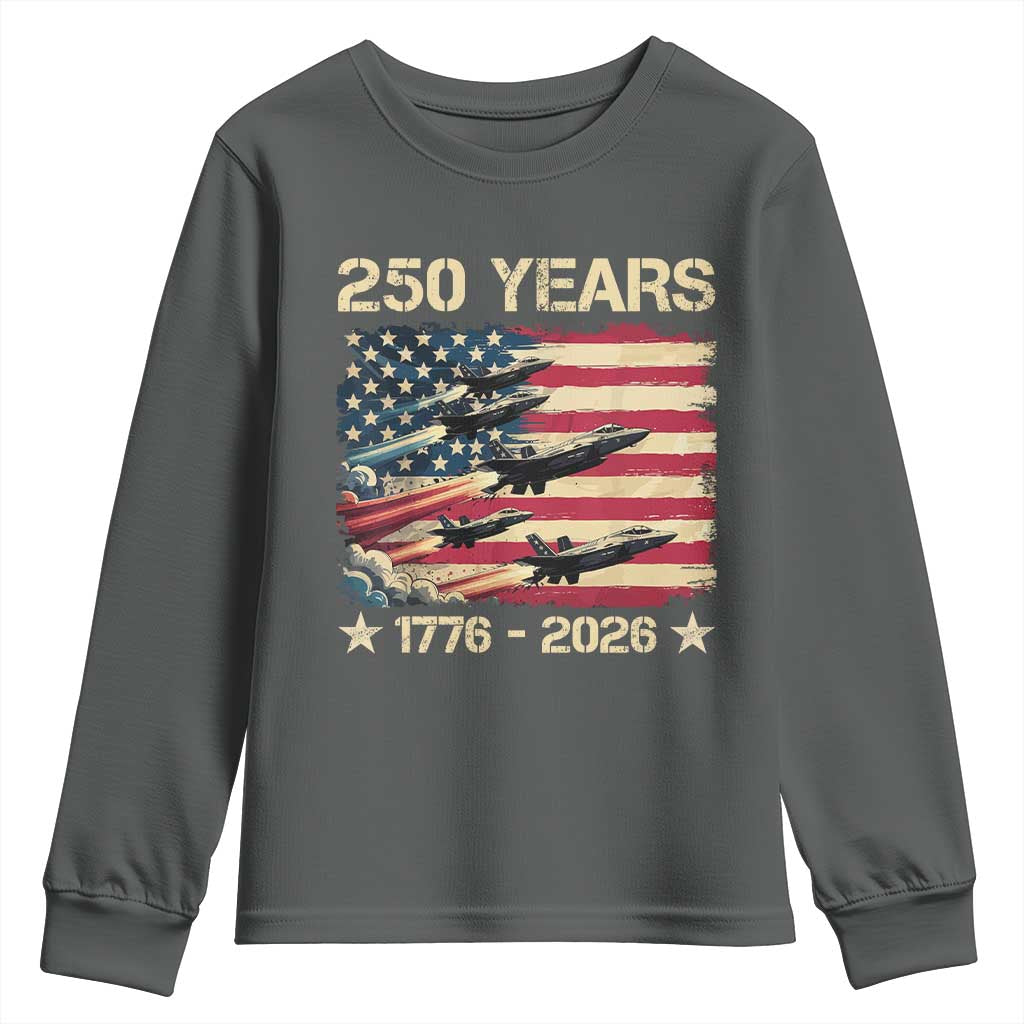 USA 250 Years 1776 2026 Patriotic Jets Trail American Flag Youth Sweatshirt TS11 Dark Heather Print Your Wear