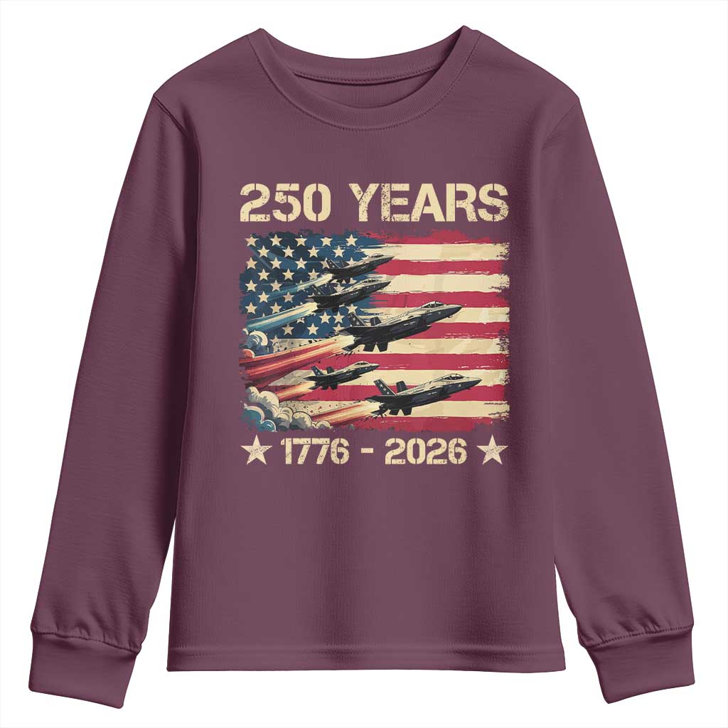 USA 250 Years 1776 2026 Patriotic Jets Trail American Flag Youth Sweatshirt TS11 Maroon Print Your Wear