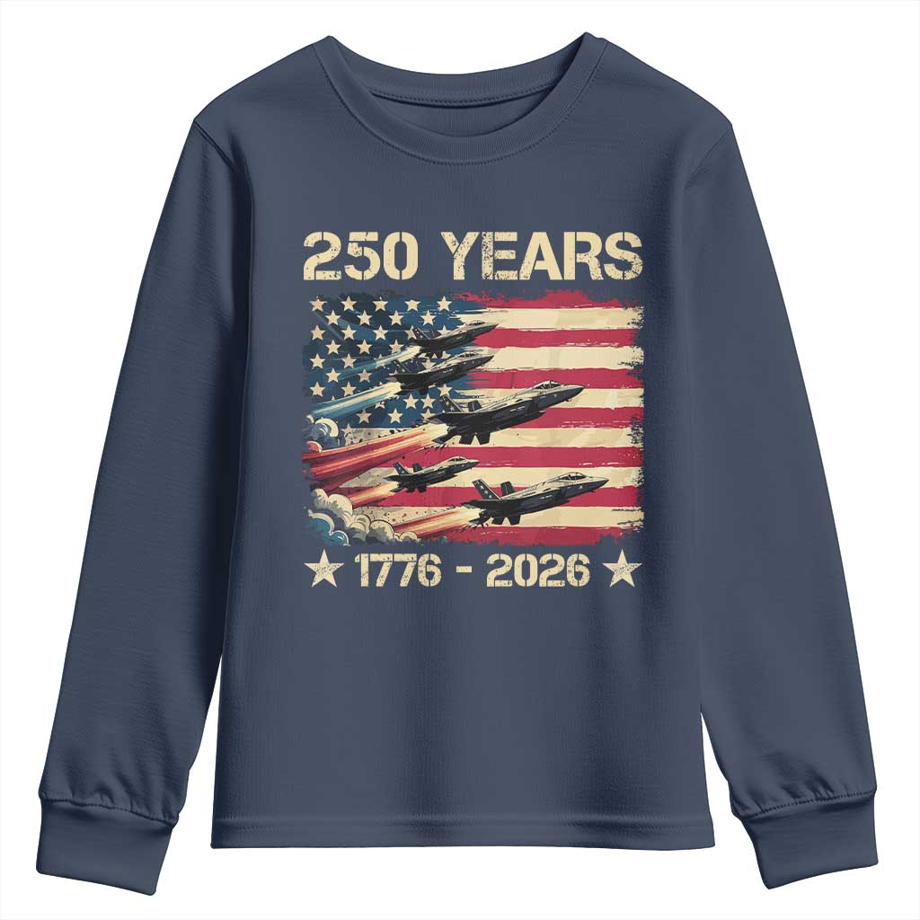USA 250 Years 1776 2026 Patriotic Jets Trail American Flag Youth Sweatshirt TS11 Navy Print Your Wear