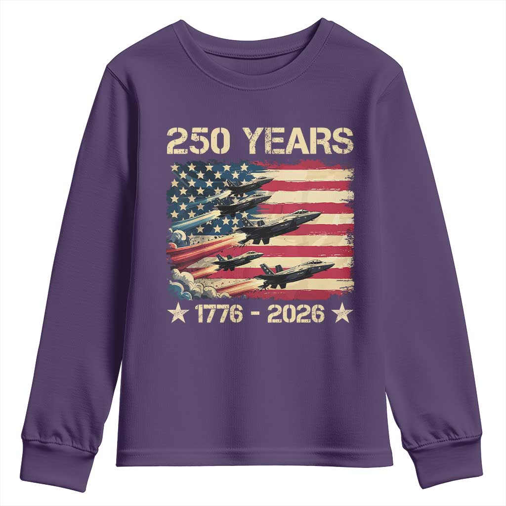 USA 250 Years 1776 2026 Patriotic Jets Trail American Flag Youth Sweatshirt TS11 Purple Print Your Wear