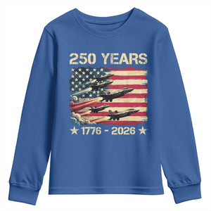 USA 250 Years 1776 2026 Patriotic Jets Trail American Flag Youth Sweatshirt TS11 Royal Blue Print Your Wear