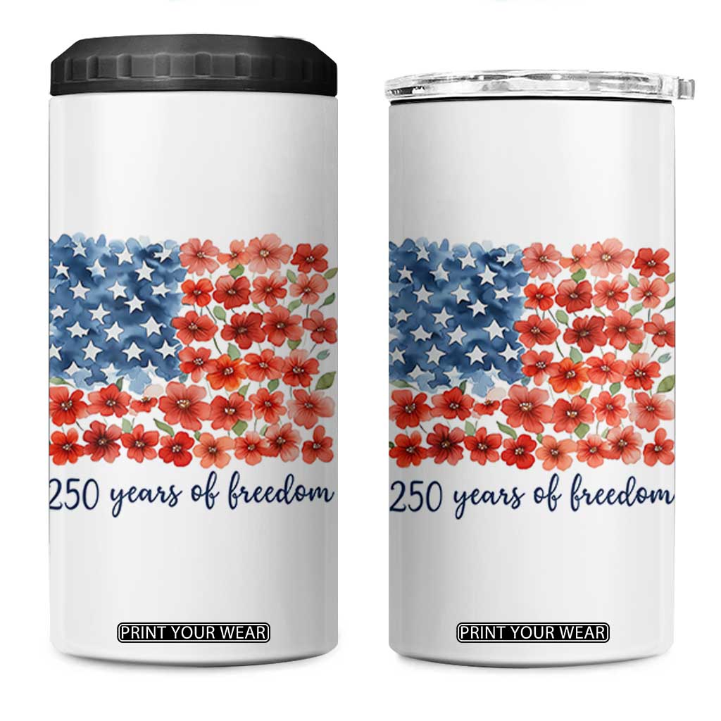 US 250 Years Of Freedom 4 in 1 Can Cooler Tumbler Retro Flower American Flag TS11 One Size: 16 oz White Print Your Wear