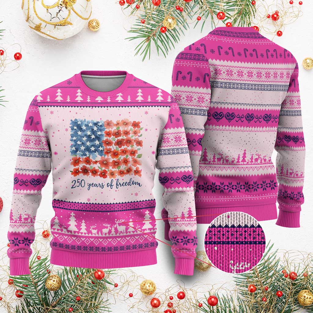 US 250 Years Of Freedom Ugly Christmas Sweater Retro Flower American Flag TS11 Hot Pink Print Your Wear