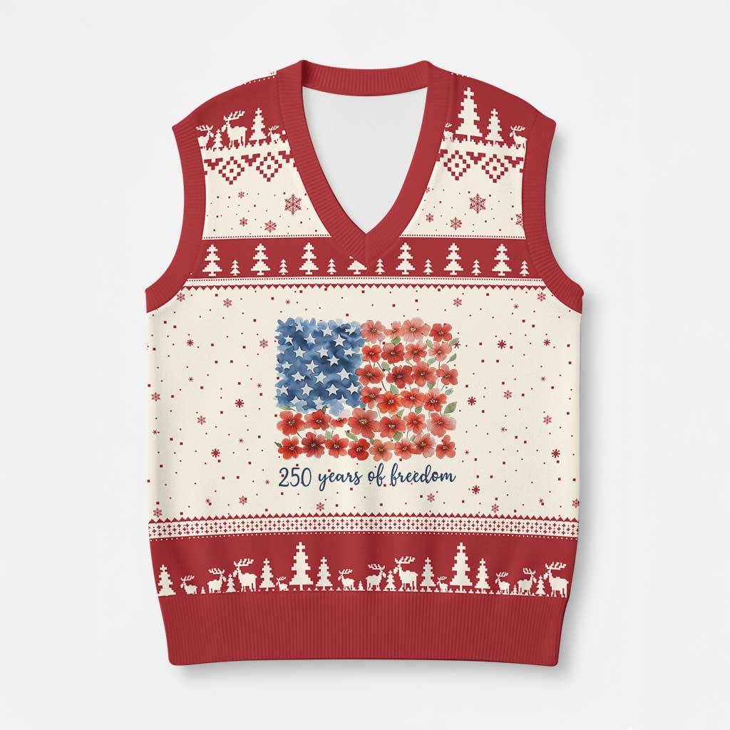 US 250 Years Of Freedom V-Neck Knit Sweater Vest Retro Flower American Flag TS11 Beige Red Print Your Wear