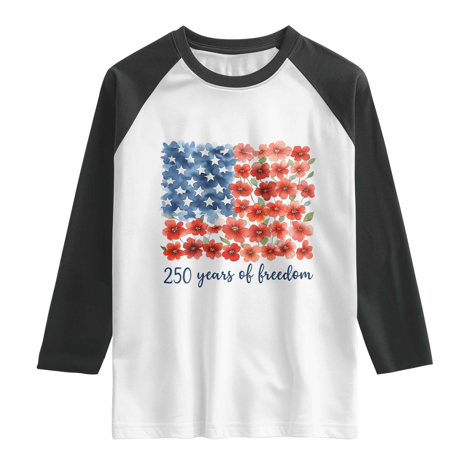 US 250 Years Of Freedom Raglan Shirt Retro Flower American Flag TS11 White Black Print Your Wear