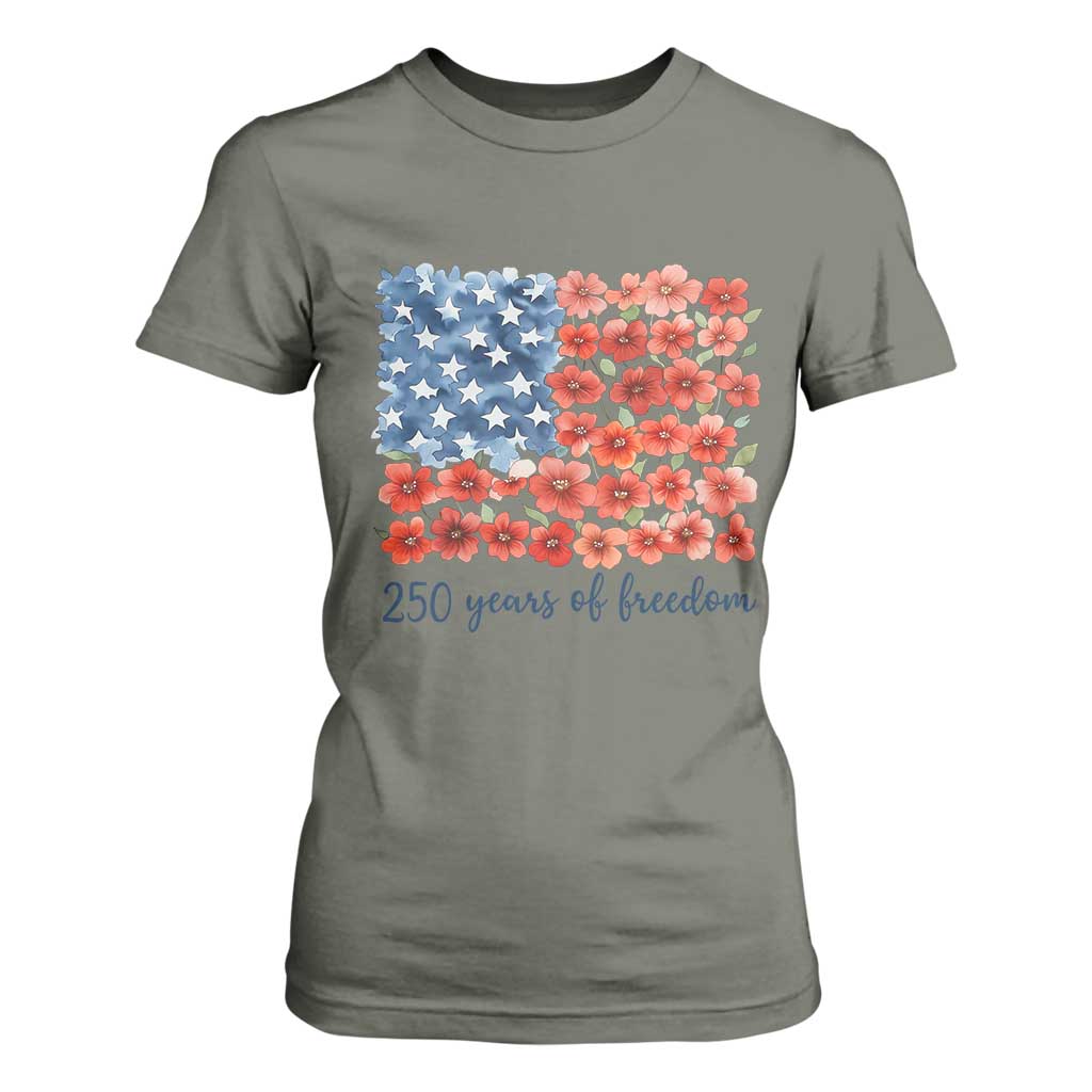 US 250 Years Of Freedom T Shirt For Women Retro Flower American Flag TS11 Military Green Print Your Wear