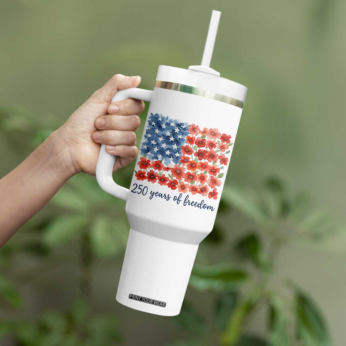 US 250 Years Of Freedom Tumbler With Handle Retro Flower American Flag TS11 Print Your Wear