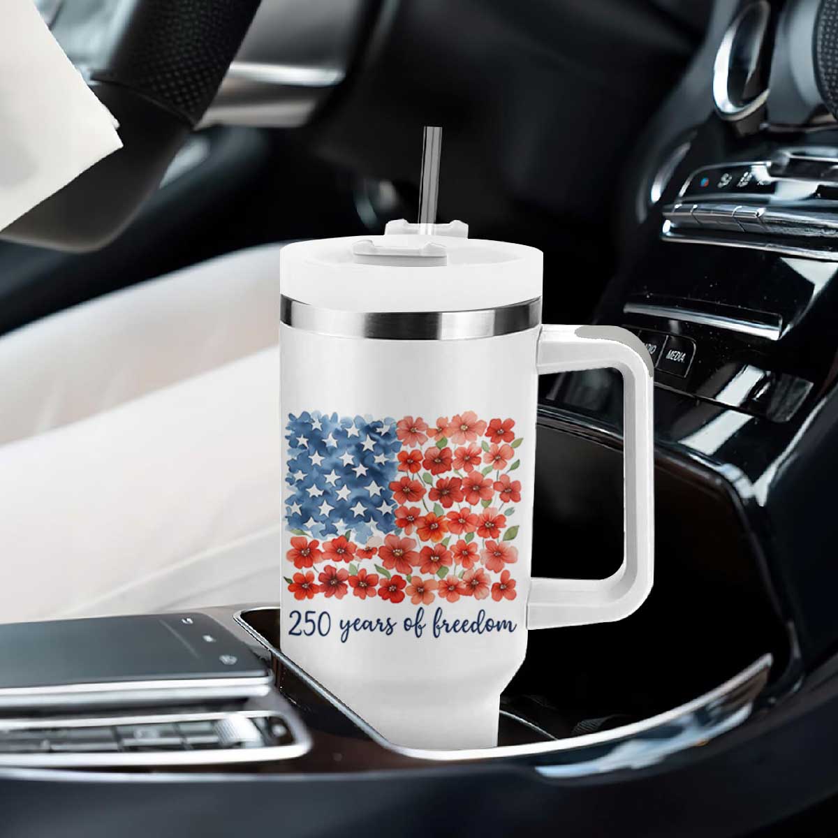 US 250 Years Of Freedom Tumbler With Handle Retro Flower American Flag TS11 Print Your Wear