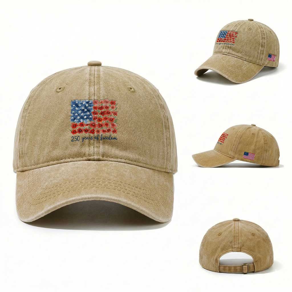 US 250 Years Of Freedom Washed Cotton Baseball Cap Retro Flower American Flag TS11 Washed Cap Universal Fit Khaki Print Your Wear