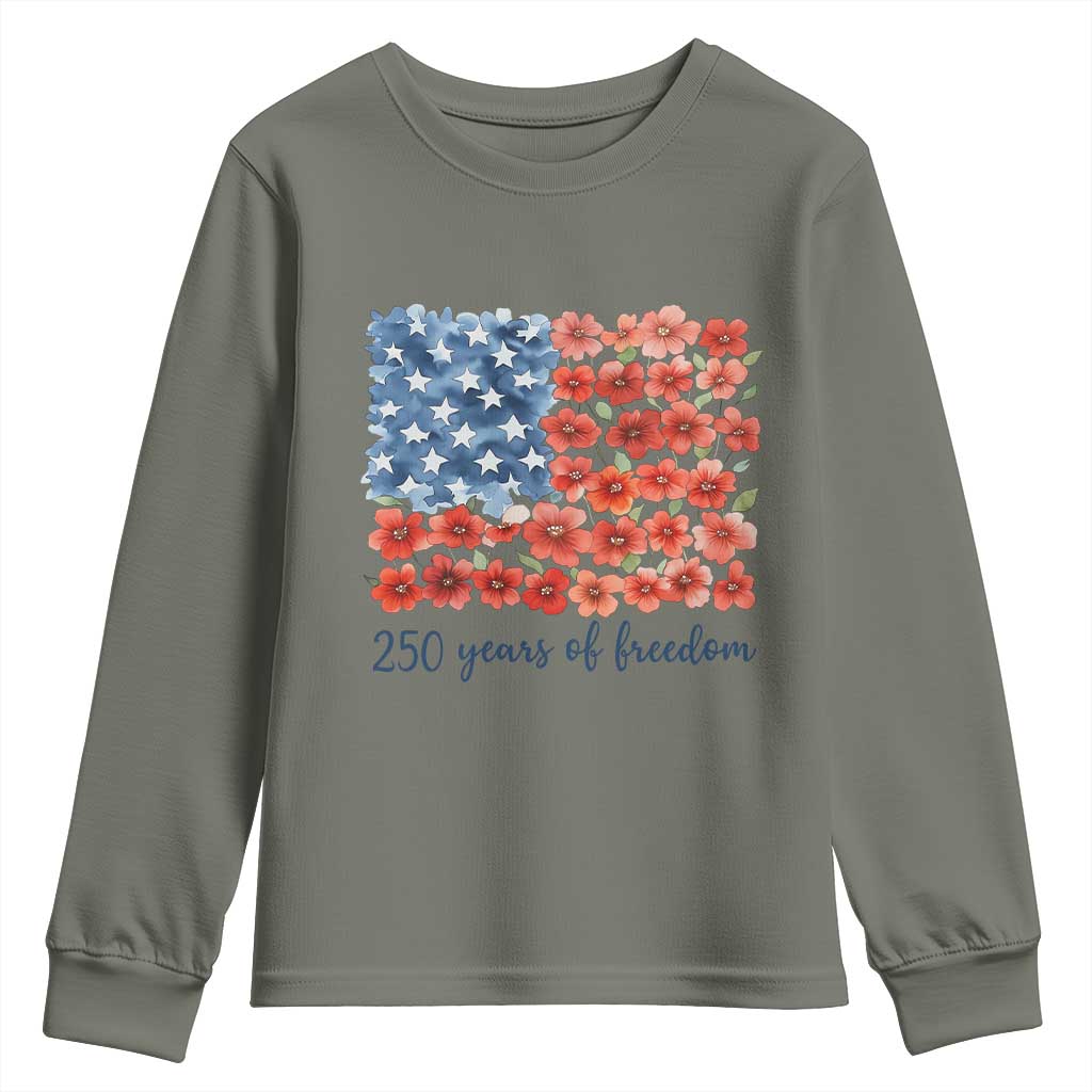 US 250 Years Of Freedom Youth Sweatshirt Retro Flower American Flag TS11 Military Green Print Your Wear