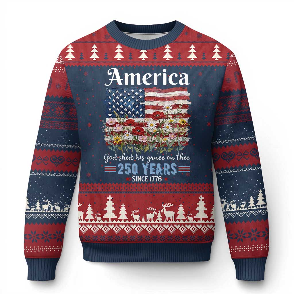 America God Shed His Grace On Thee 250 Years Since 1776 Ugly Christmas Sweater TS11 Navy Red Print Your Wear