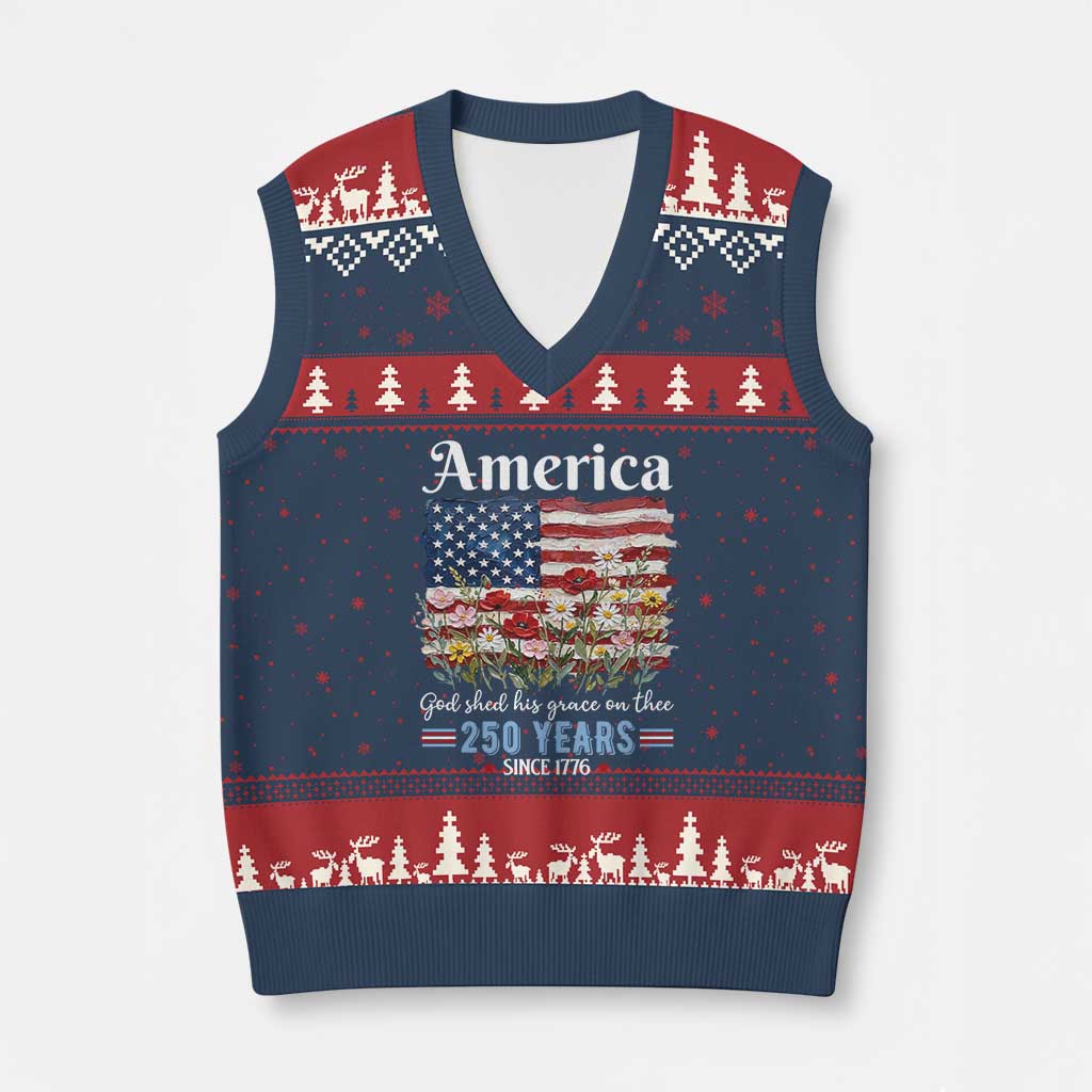 America God Shed His Grace On Thee 250 Years Since 1776 V-Neck Knit Sweater Vest TS11 Navy Red Print Your Wear