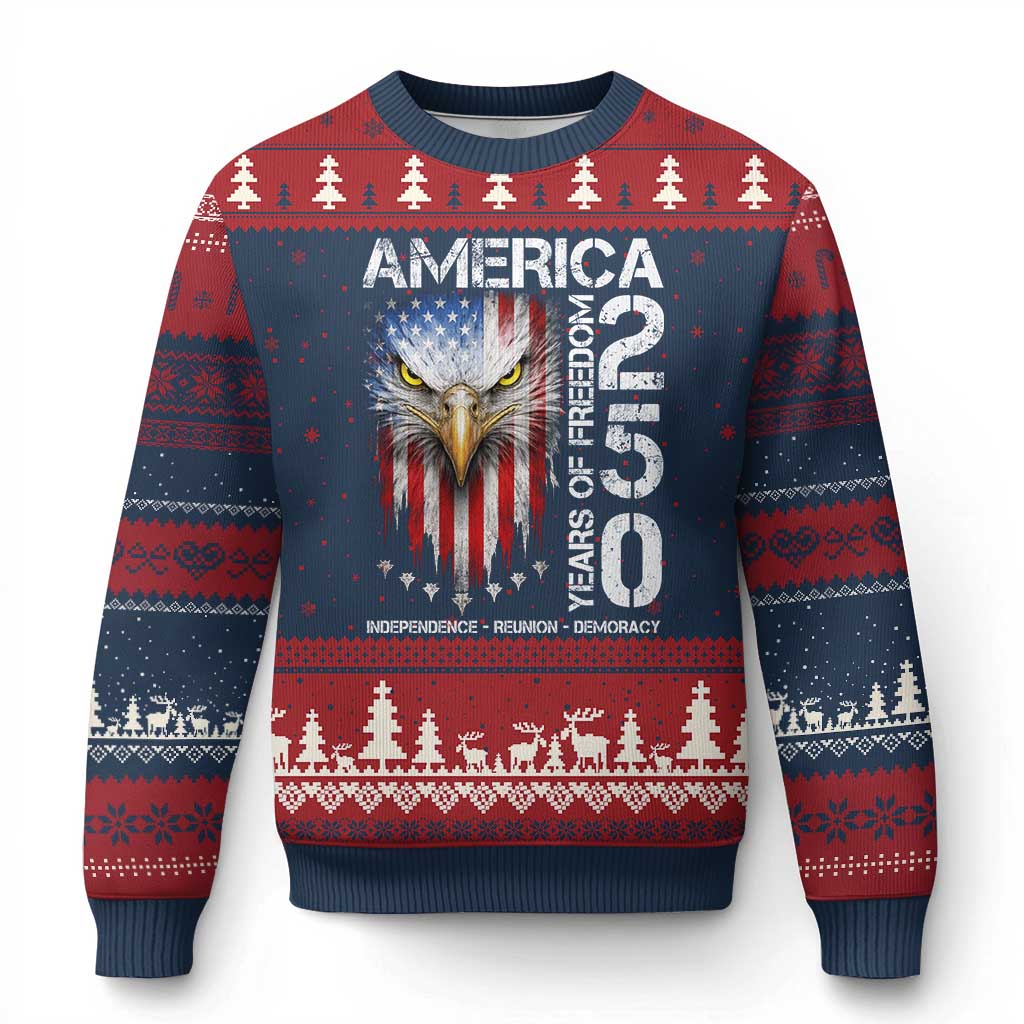 America 250 Years Of Freedom Ugly Christmas Sweater USA Anniversary Bald Eagle Patriotic Jets TS11 Navy Red Print Your Wear
