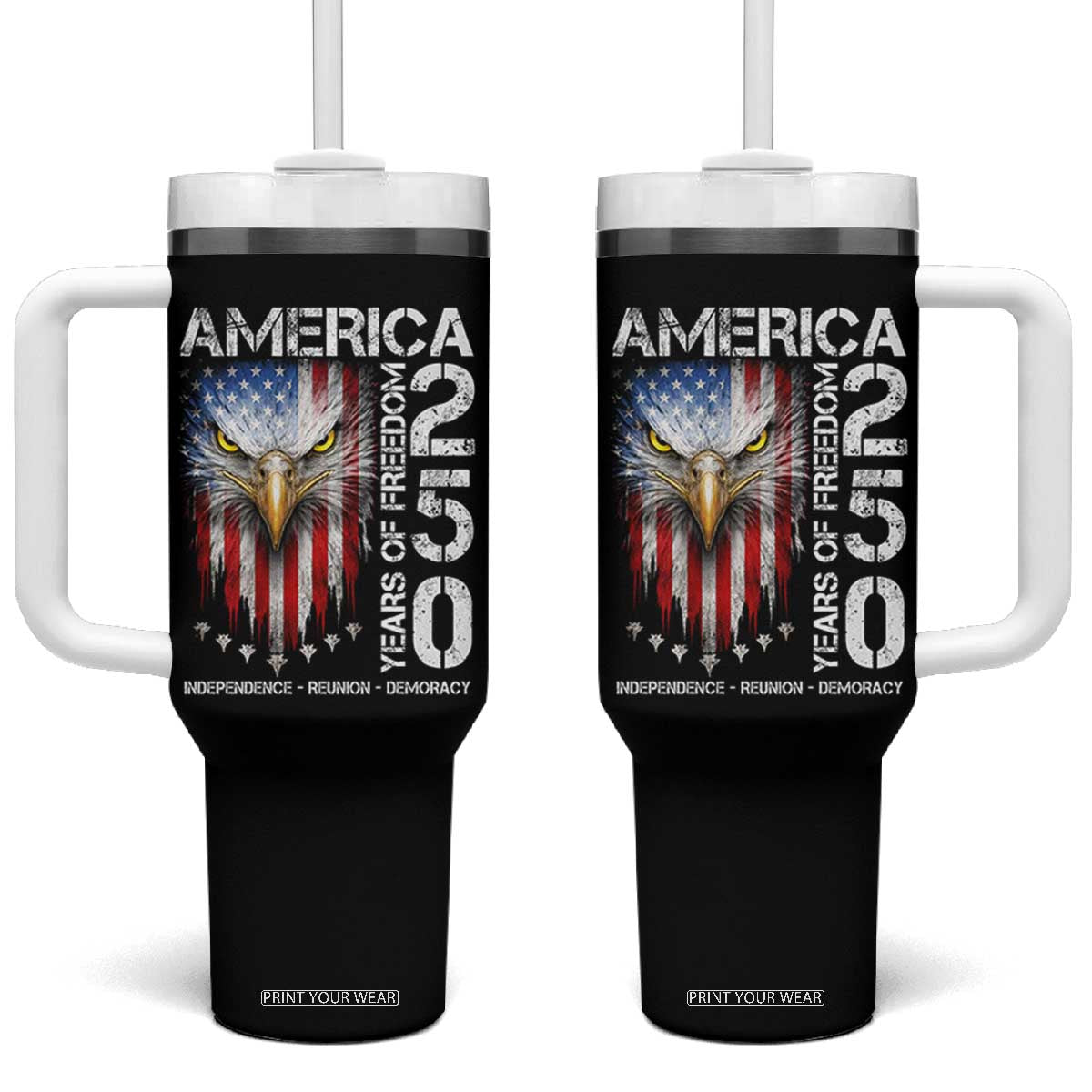 America 250 Years Of Freedom Tumbler With Handle USA Anniversary Bald Eagle Patriotic Jets TS11 One Size: 40 oz Black Print Your Wear