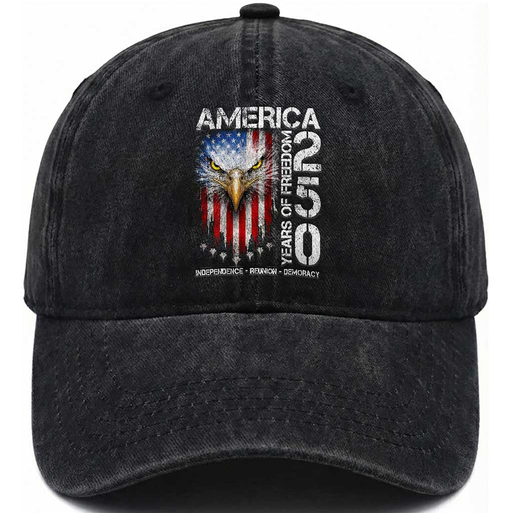 America 250 Years Of Freedom Washed Cotton Baseball Cap USA Anniversary Bald Eagle Patriotic Jets TS11 Print Your Wear