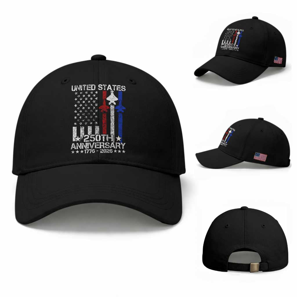 USA 250th Anniversary Baseball Cap Vintage American Flag Jets Semiquincentennial TS11 Baseball Cap Universal Fit Black Print Your Wear