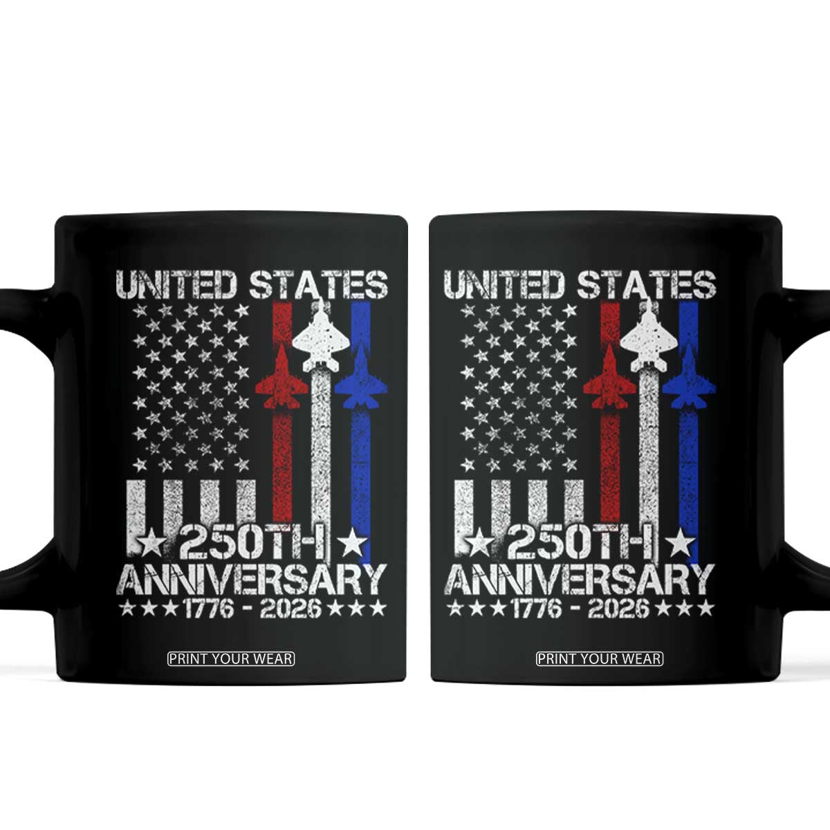 USA 250th Anniversary Coffee Mug Vintage American Flag Jets Semiquincentennial TS11 Black Print Your Wear