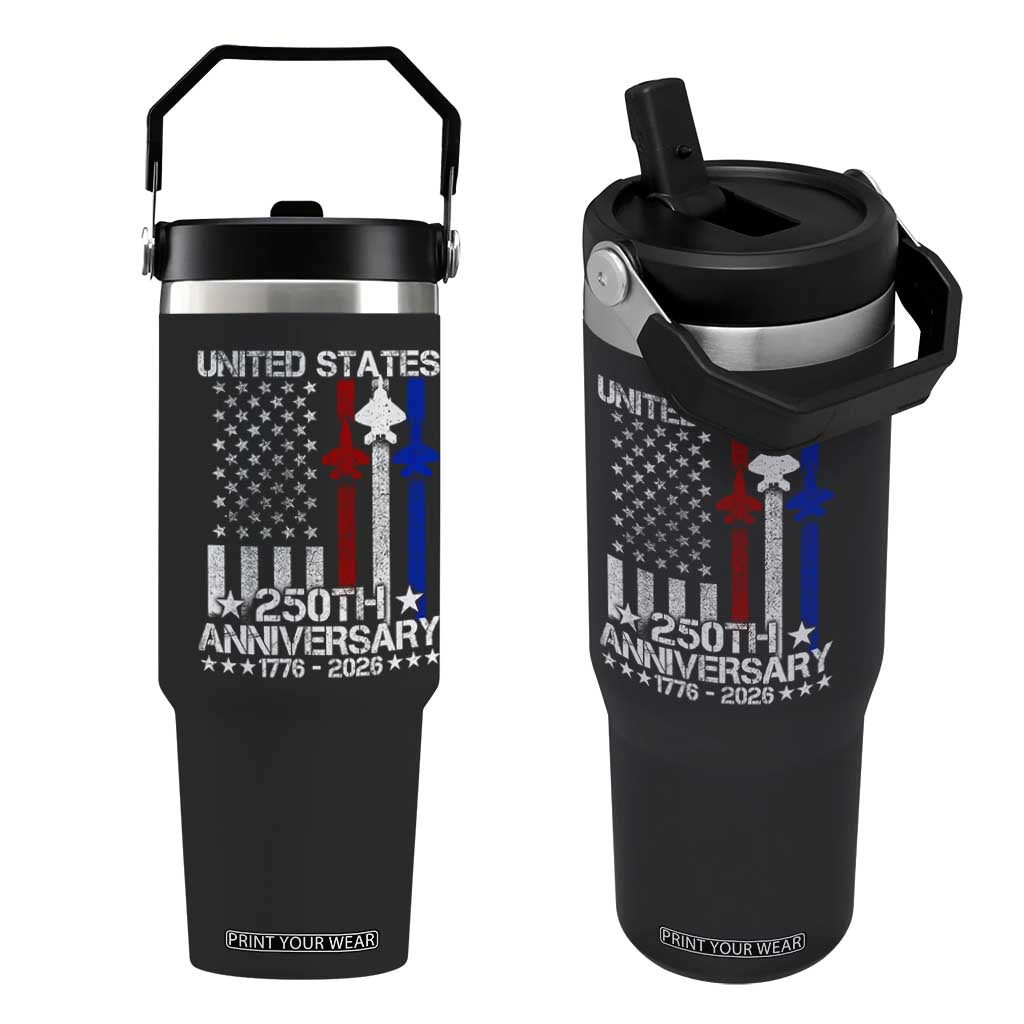 USA 250th Anniversary Flip Straw Tumbler Vintage American Flag Jets Semiquincentennial TS11 One Size: 30 oz Black Print Your Wear