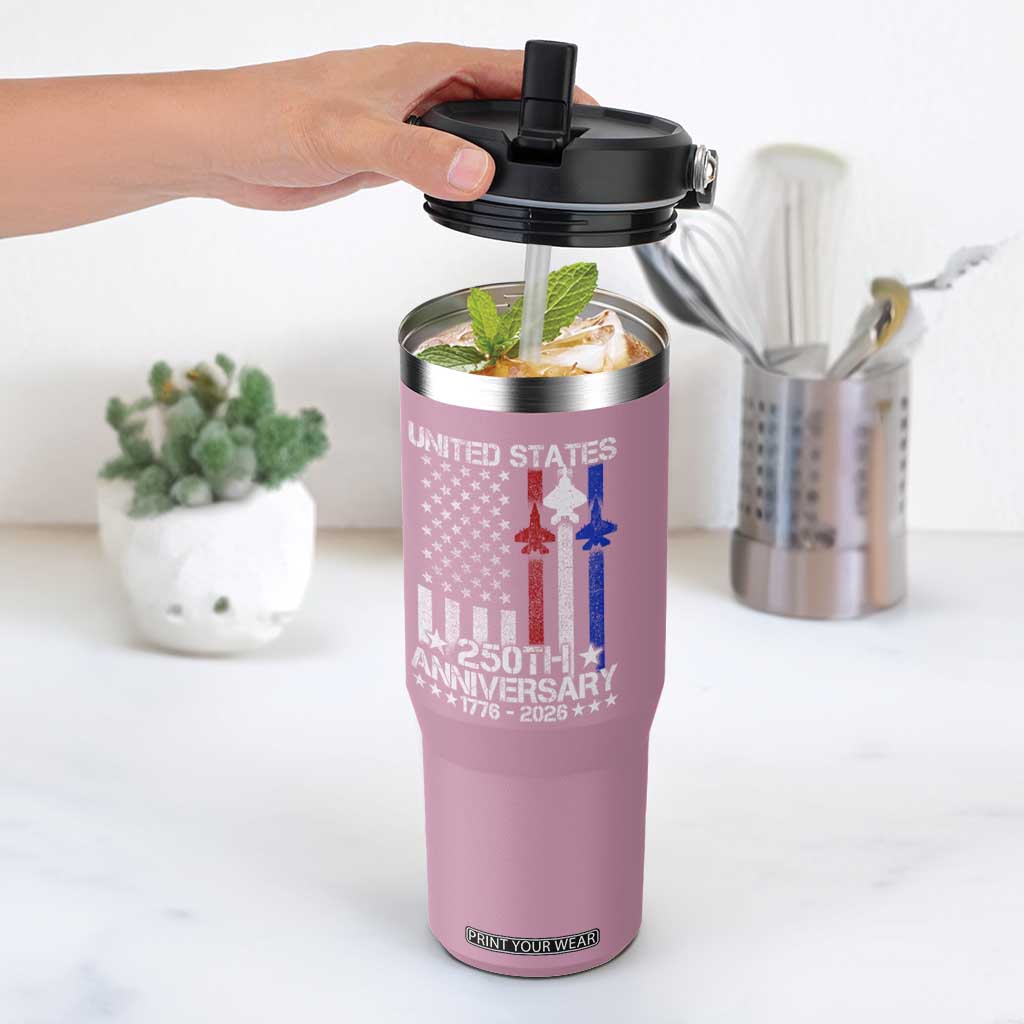 USA 250th Anniversary Flip Straw Tumbler Vintage American Flag Jets Semiquincentennial TS11 One Size: 30 oz Light Pink Print Your Wear