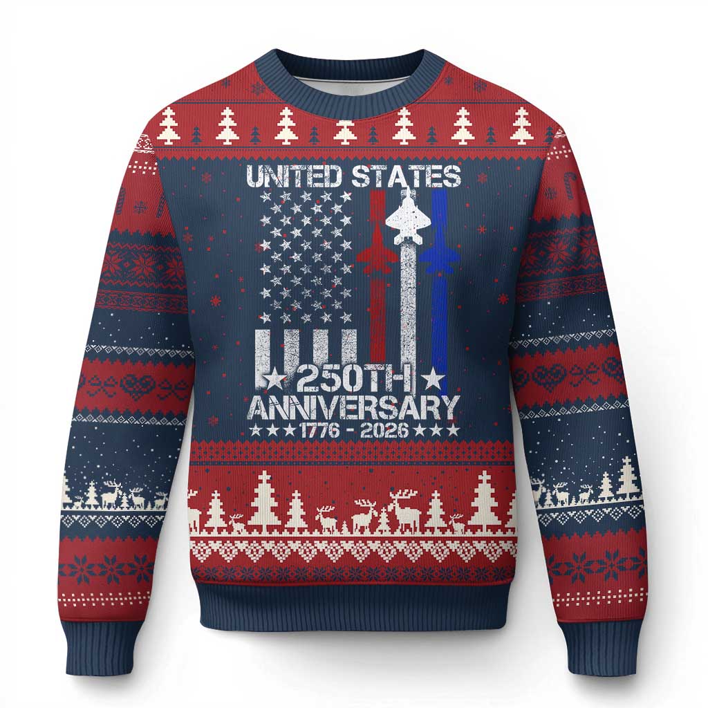 USA 250th Anniversary Ugly Christmas Sweater Vintage American Flag Jets Semiquincentennial TS11 Navy Red Print Your Wear
