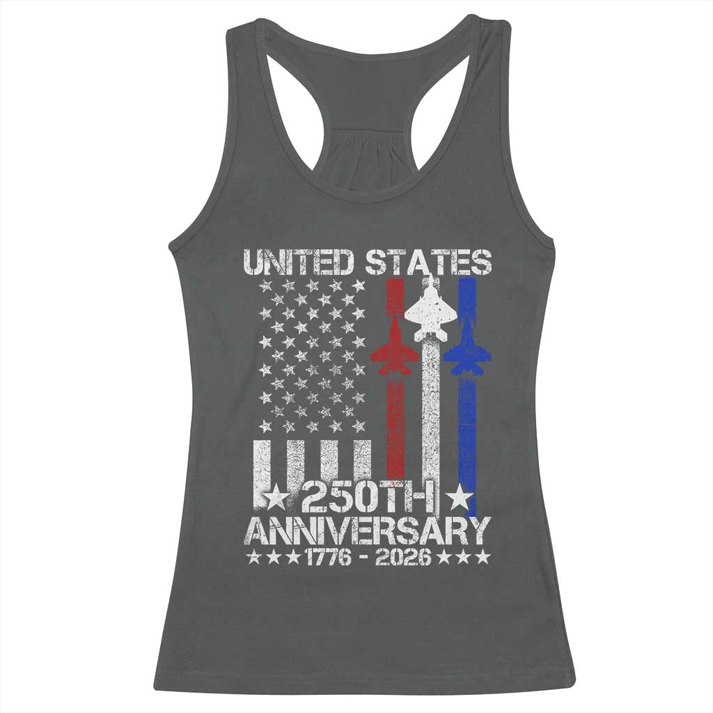 USA 250th Anniversary Racerback Tank Top Vintage American Flag Jets Semiquincentennial TS11 Dark Heather Print Your Wear