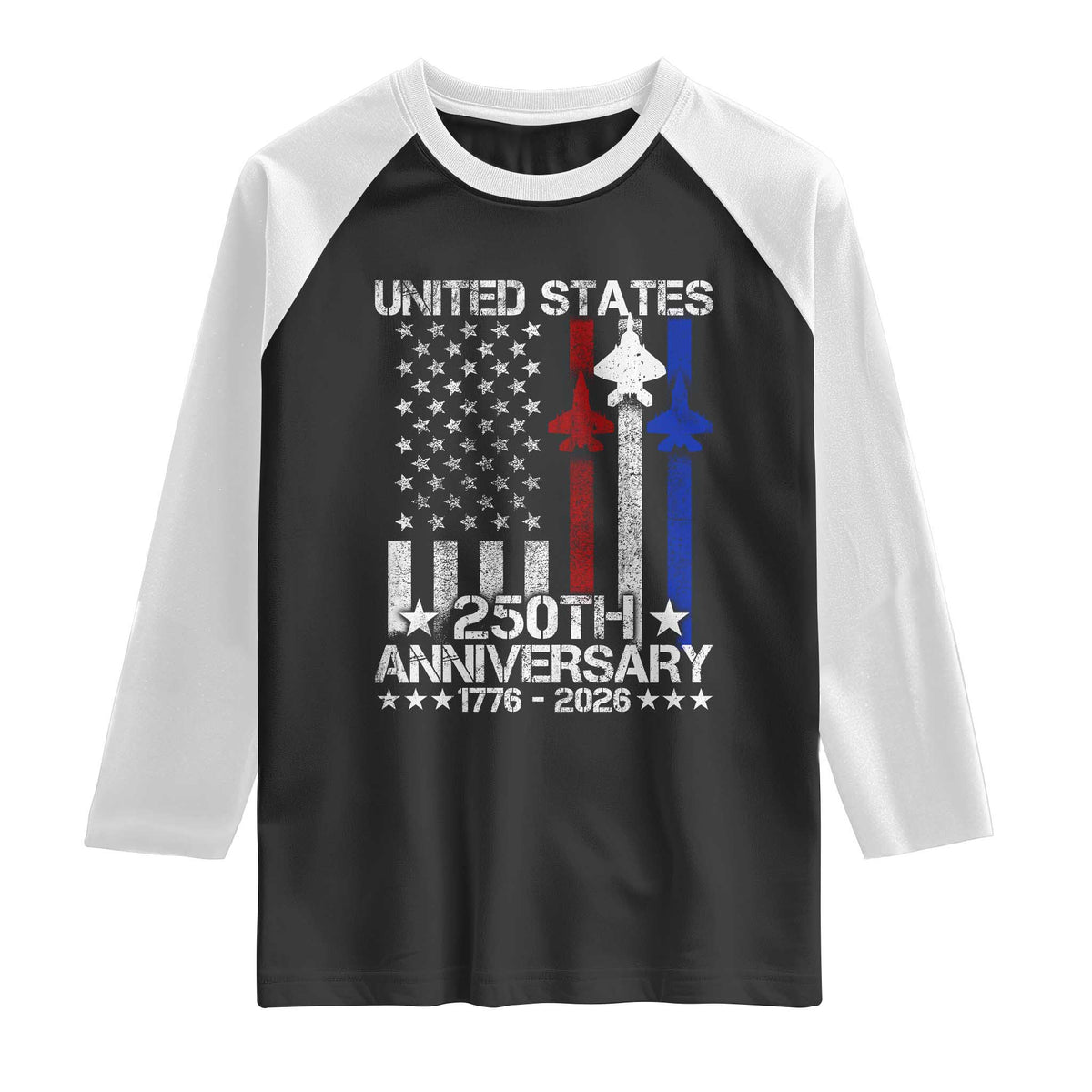 USA 250th Anniversary Raglan Shirt Vintage American Flag Jets Semiquincentennial TS11 Black White Print Your Wear