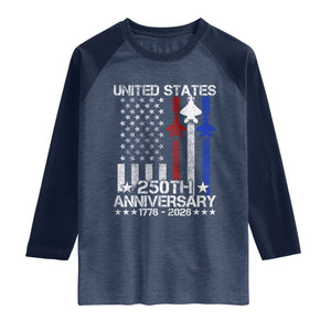 USA 250th Anniversary Raglan Shirt Vintage American Flag Jets Semiquincentennial TS11 Heather Denim Navy Print Your Wear