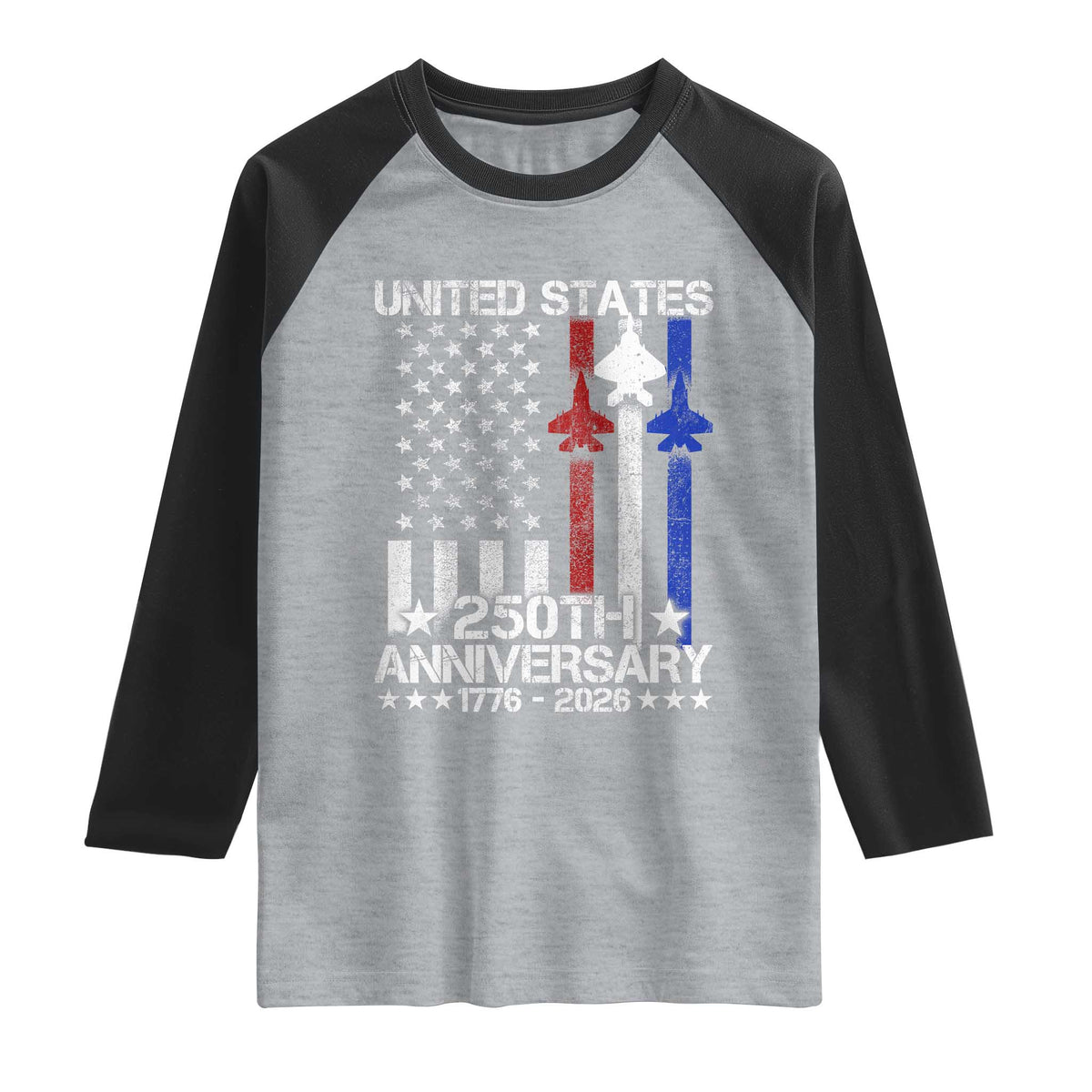 USA 250th Anniversary Raglan Shirt Vintage American Flag Jets Semiquincentennial TS11 Heather Gray Black Print Your Wear
