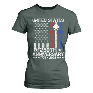 USA 250th Anniversary T Shirt For Women Vintage American Flag Jets Semiquincentennial TS11 Dark Forest Green Print Your Wear