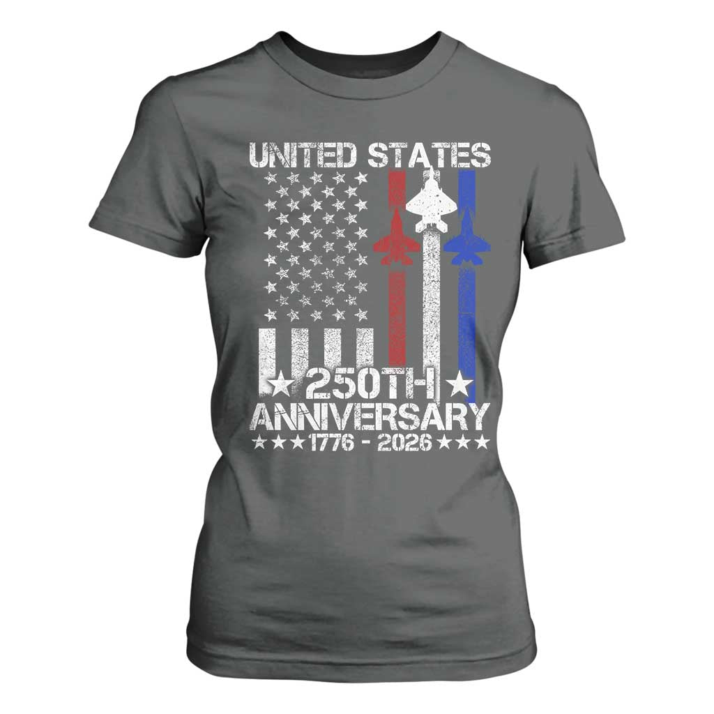 USA 250th Anniversary T Shirt For Women Vintage American Flag Jets Semiquincentennial TS11 Dark Heather Print Your Wear