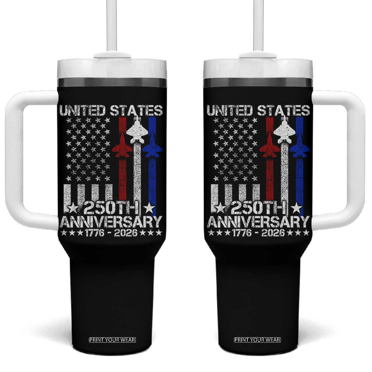 USA 250th Anniversary Tumbler With Handle Vintage American Flag Jets Semiquincentennial TS11 One Size: 40 oz Black Print Your Wear