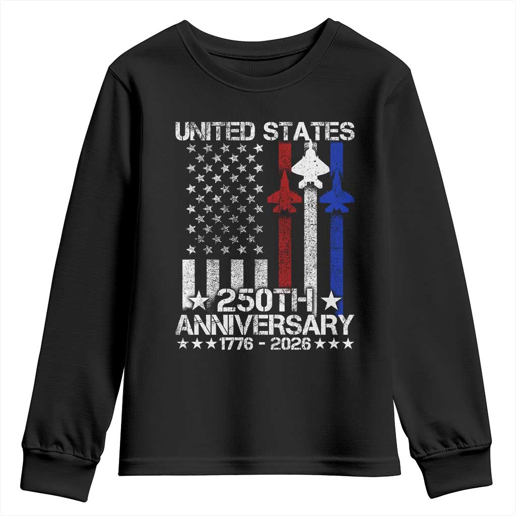 USA 250th Anniversary Youth Sweatshirt Vintage American Flag Jets Semiquincentennial TS11 Black Print Your Wear