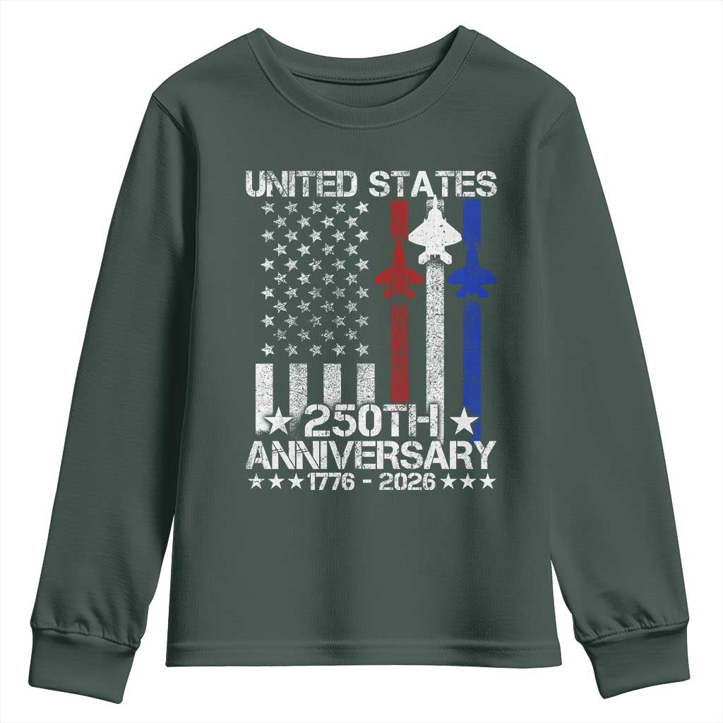 USA 250th Anniversary Youth Sweatshirt Vintage American Flag Jets Semiquincentennial TS11 Dark Forest Green Print Your Wear