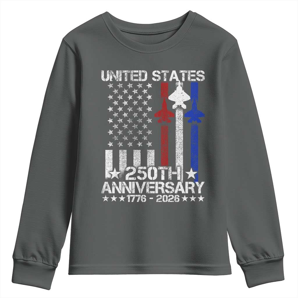 USA 250th Anniversary Youth Sweatshirt Vintage American Flag Jets Semiquincentennial TS11 Dark Heather Print Your Wear