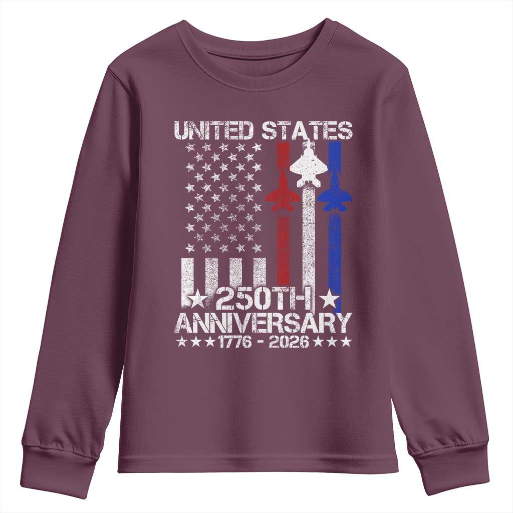 USA 250th Anniversary Youth Sweatshirt Vintage American Flag Jets Semiquincentennial TS11 Maroon Print Your Wear