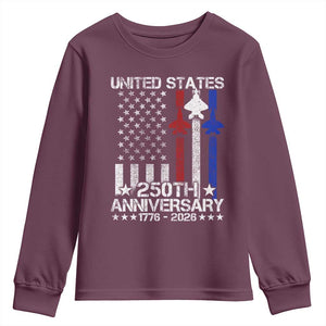 USA 250th Anniversary Youth Sweatshirt Vintage American Flag Jets Semiquincentennial TS11 Maroon Print Your Wear