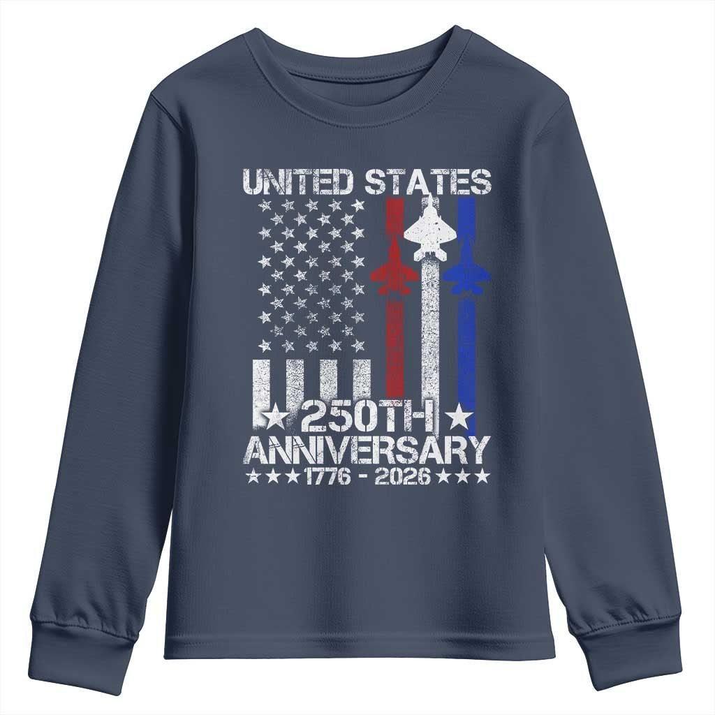 USA 250th Anniversary Youth Sweatshirt Vintage American Flag Jets Semiquincentennial TS11 Navy Print Your Wear