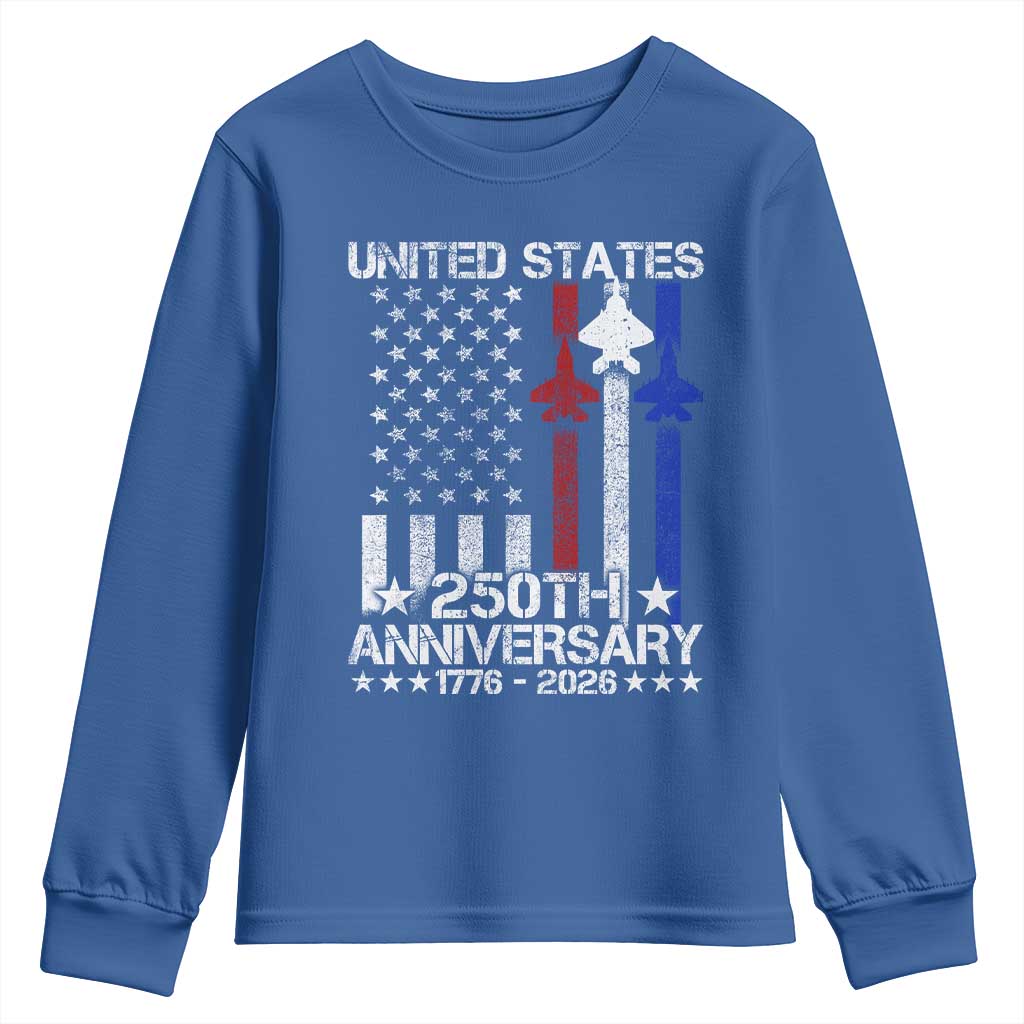 USA 250th Anniversary Youth Sweatshirt Vintage American Flag Jets Semiquincentennial TS11 Royal Blue Print Your Wear