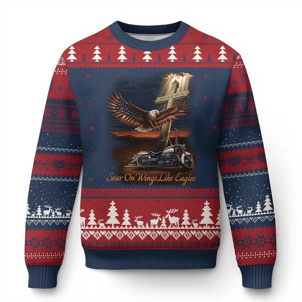 Soar On Wings Like Eagles Christian Ugly Christmas Sweater Isaiah 40:31 Bible Verse Faith Motorcycle TS11 Navy Red Print Your Wear