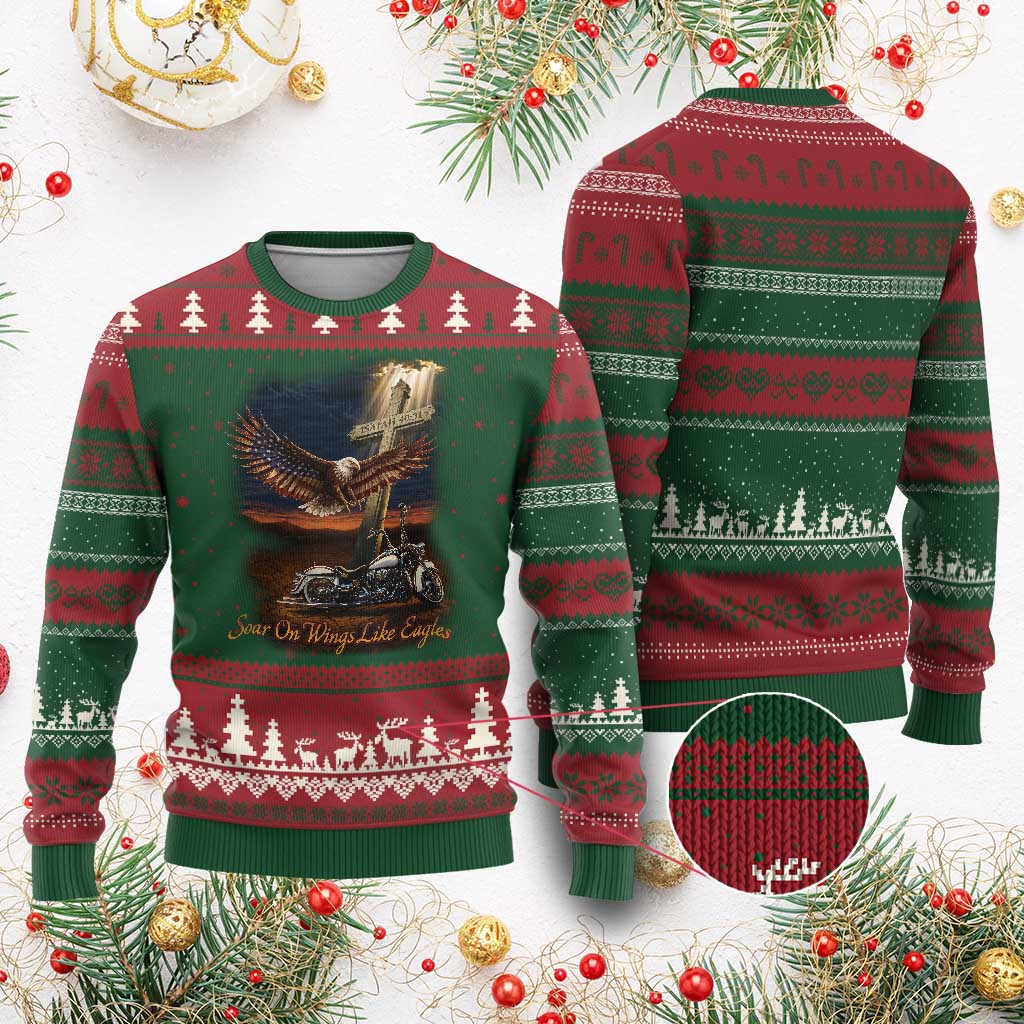Soar On Wings Like Eagles Christian Ugly Christmas Sweater Isaiah 40:31 Bible Verse Faith Motorcycle TS11 Red Green Print Your Wear