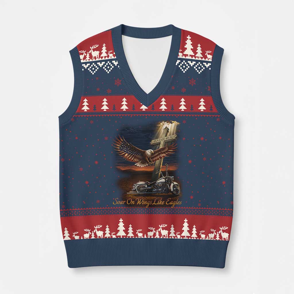 Soar On Wings Like Eagles Christian V-Neck Knit Sweater Vest Isaiah 40:31 Bible Verse Faith Motorcycle TS11 Navy Red Print Your Wear