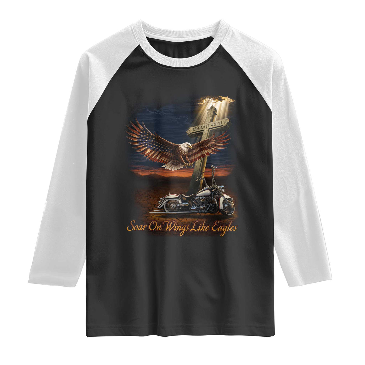 Soar On Wings Like Eagles Christian Raglan Shirt Isaiah 40:31 Bible Verse Faith Motorcycle TS11 Black White Print Your Wear