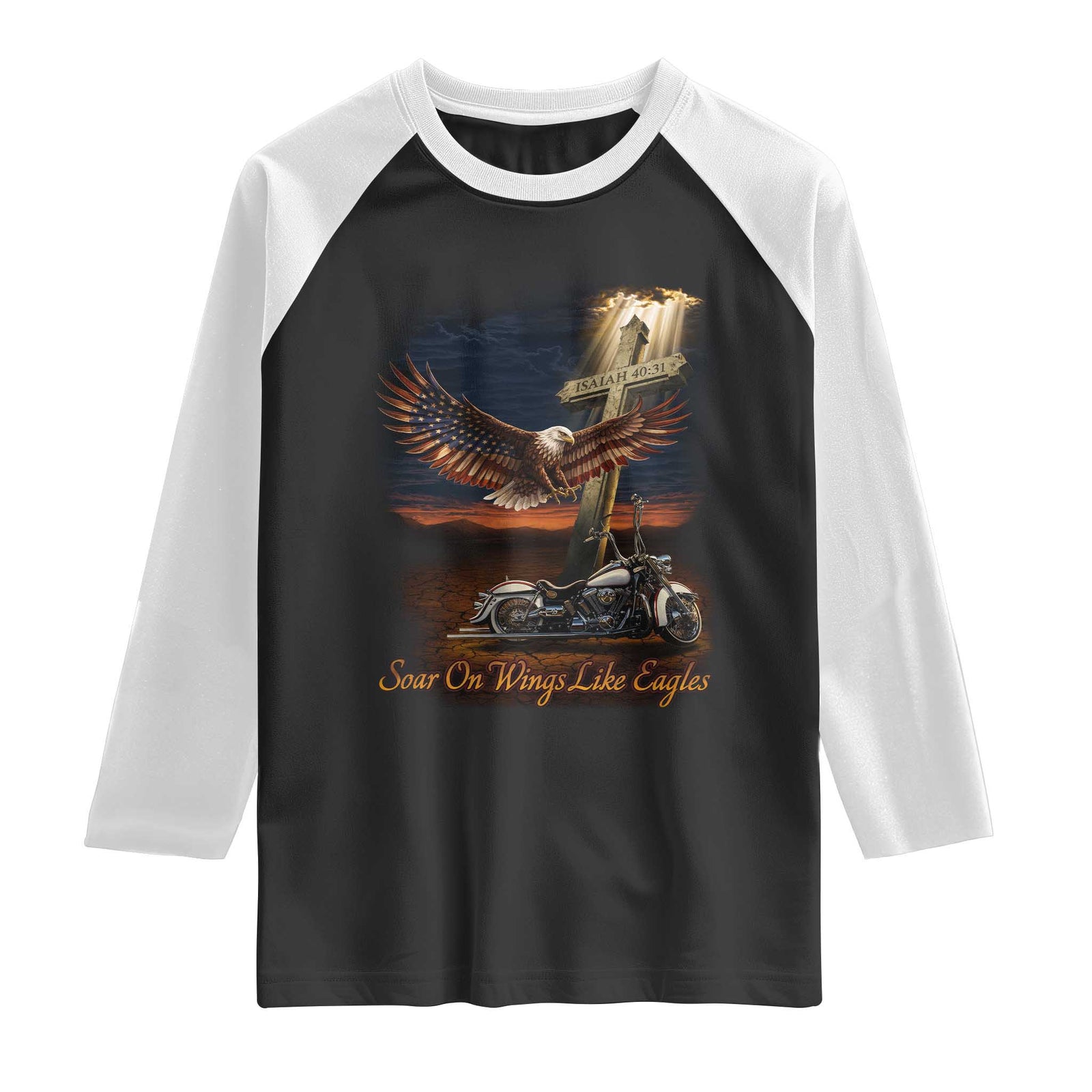 Soar On Wings Like Eagles Christian Raglan Shirt Isaiah 40:31 Bible Verse Faith Motorcycle TS11 Black White Print Your Wear