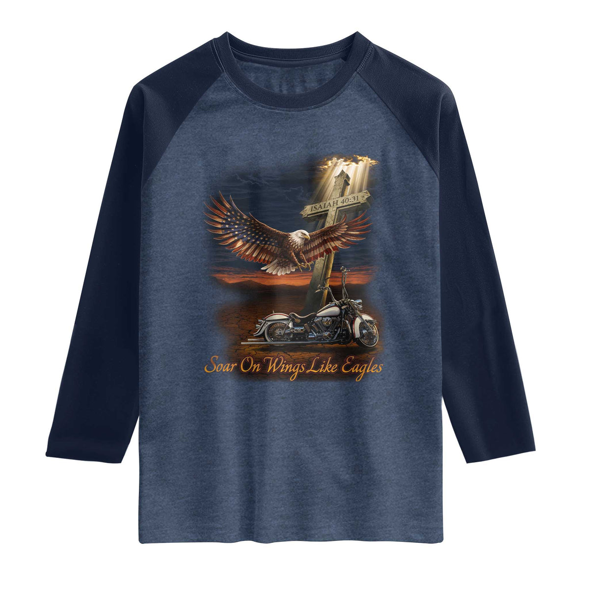 Soar On Wings Like Eagles Christian Raglan Shirt Isaiah 40:31 Bible Verse Faith Motorcycle TS11 Heather Denim Navy Print Your Wear